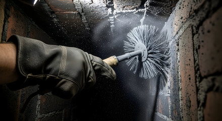 Gloved hand cleaning soot from a chimney with a brush 14207334 1