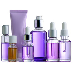 Assorted purple skincare bottles and a tube, arranged neatly
