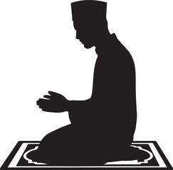 Silhouette of a kneeling man in prayer, wearing a traditional cap, muslim man sitting in tashahhud silhouette vector illustration