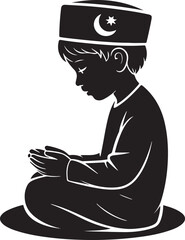 Silhouette icon of a traditionally clothed muslim man performing salah on a prayer