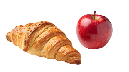 Golden baked croissant and a whole, glossy red apple, illustrating common breakfast or snack items isolated on transparent background