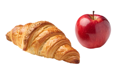 Golden baked croissant and a whole, glossy red apple, illustrating common breakfast or snack items isolated on transparent background