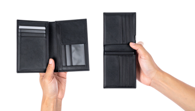 Pair of Empty Black Wallet Variations in Hands isolated on transparent background