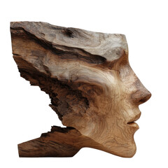 Wooden face profile, carved, texture detailed. Black background