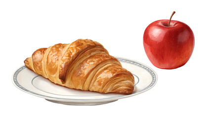 Golden butter croissant resting on a decorative plate positioned beside a whole ripe red apple isolated on transparent background