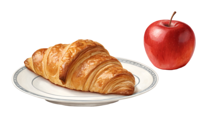 Golden butter croissant resting on a decorative plate positioned beside a whole ripe red apple isolated on transparent background