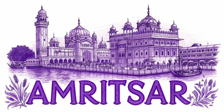 Amritsar Skyline Sketch with Golden Temple, Jallianwala Bagh, Partition Museum and Heritage Street &ndash; Cultural Line Art for Tourism Poster, Souvenir, Wall Art, Travel Guide Use