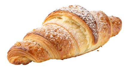 Golden brown freshly baked butter croissant sprinkled with powdered sugar and almond topping isolated on transparent background