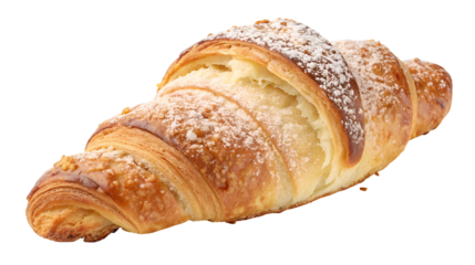 Golden brown freshly baked butter croissant sprinkled with powdered sugar and almond topping isolated on transparent background