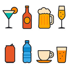 Vibrant Drink Icons. Drinks Set flat icons: cocktail glass, wine bottle, beer mug, champagne flute, soda can, water bottle, coffee cup, juice glass