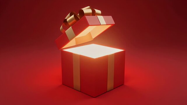 Red gift box with golden ribbon opening to reveal magical glowing light