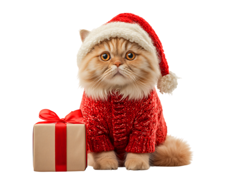 Adorable Fluffy Cat in Santa Hat and Red Sweater with Christmas Gift Box isolated on transparent background