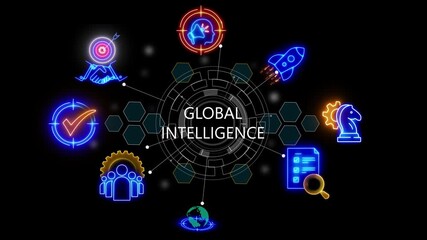 global intelligence text .internet and networking concept, technology matrix global security with digital spot light and stretch background glowing 4k video animation - Powered by Adobe