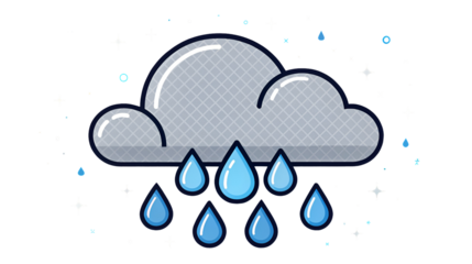 Rain cloud icon with falling blue raindrops representing stormy weather conditions isolated on transparent background