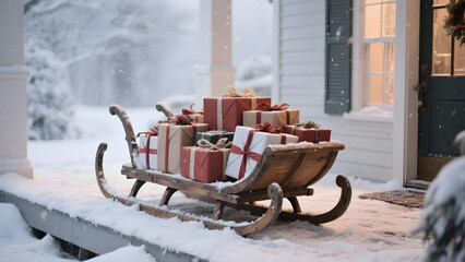 A vintage wooden sleigh filled with neatly wrapped gifts on a snowy porch