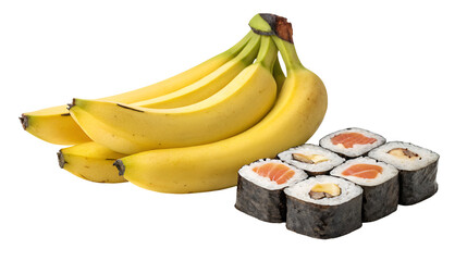 Ripe yellow bananas clustered next to a selection of assorted maki sushi rolls with salmon and fillings isolated on transparent background