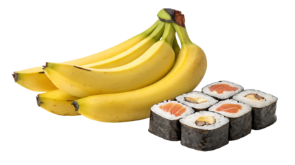 Ripe yellow bananas clustered next to a selection of assorted maki sushi rolls with salmon and fillings isolated on transparent background