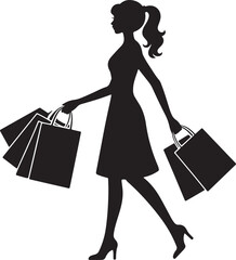 Silhouette of a woman carrying shopping bags after a successful shopping spree, girl holding shopping bags silhouette vector illustration