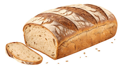 Rustic loaf of artisan sourdough bread, partially sliced, showing fresh crust and crumb texture isolated on transparent background