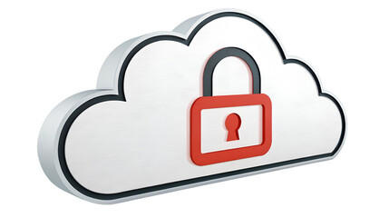 Three dimensional secure cloud computing icon featuring a bright red padlock for data protection isolated on transparent background