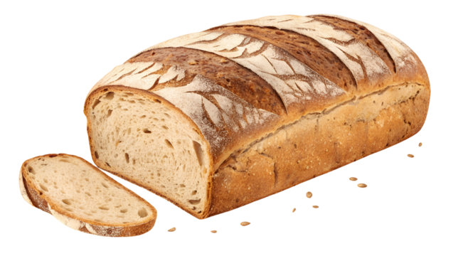 Rustic loaf of artisan sourdough bread, partially sliced, showing fresh crust and crumb texture isolated on transparent background