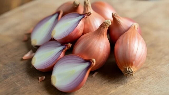 Sliced and whole shallots arranged on a wooden surface