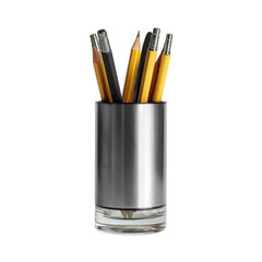 Pencils in metal & glass holder. Isolated on black. Close up