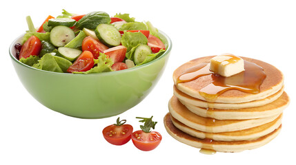 Vibrant green salad in a light bowl contrasted with a tall stack of breakfast pancakes and syrup isolated on transparent background