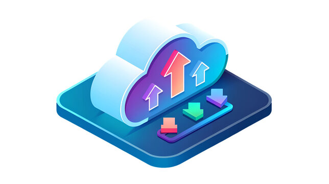 Vibrant isometric cloud computing illustration displaying data upload and download synchronization processes isolated on transparent background.
