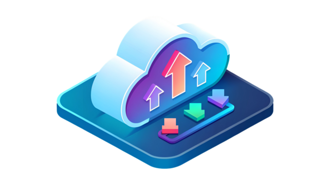Vibrant isometric cloud computing illustration displaying data upload and download synchronization processes isolated on transparent background.
