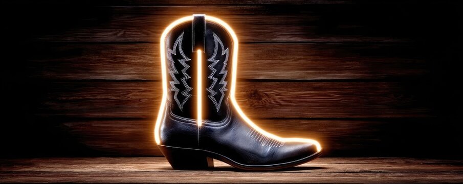 Neon cowboy boot with embroidery on dark wall concept. Classic black cowboy boot illuminated against rustic wood backdrop.