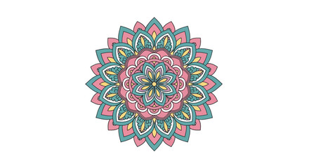 A colorful detailed mandala design with pink teal and peach tones