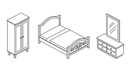 Line art illustration of a bedroom set including bed wardrobe and dresser