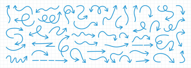 Blue pen hand drawn doodle arrow collection. Blue pen lines, arrows and scribbles on grid notebook background. Sketch curved arrows design. Arrow handmade.