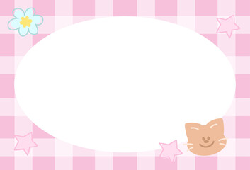 Rectangle frame with pastel pink plaid pattern, cat, star, flowers for school name tag, print, decoration, polaroid photo, ad template, social media, poster, book cover design, notepad, sticky note