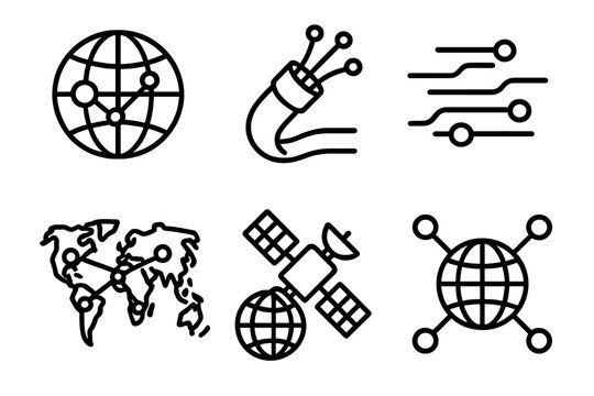 Digital Global Network. Global Connectivity linear icon set: network globe, fiber optic cable, data transfer lines, world map network, communication satellite, online connection