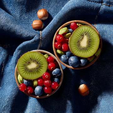 Vibrant healthy breakfast bowls brimming with fresh berries, kiwi slices, nuts, and pistachios, perfect for a nutritious start.
