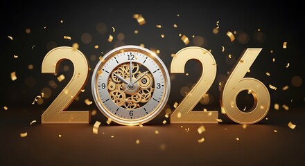 Golden 2026 new year celebration with clock and confetti on dark background, symbolizing the upcoming year and festive atmosphere with anticipation