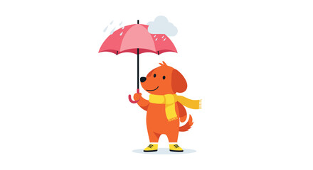 Naklejka premium Cute orange dog wearing a yellow scarf and boots holding a pink umbrella during a rain shower.