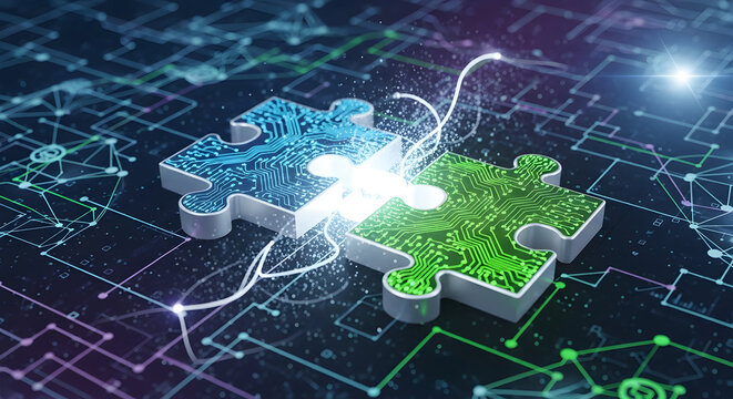 Digital representation of API integration concept with two interlocking puzzle pieces against a futuristic tech-inspired abstract background symbolizing connectivity and interoperability 66237609 1