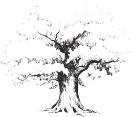 Ancient oak tree with flying birds large branches