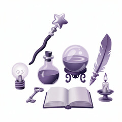 Magic equipment with crystal ball and light bulb book in dark purple color for fantasy and supernatural concepts