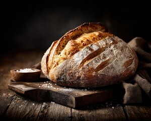 Artisanal Crusty Bread Loaf on Wooden Cutting Board with Salt
