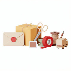 Mailing accessories including wrapped box, letter with wax seal and postage tools on white background for postal services