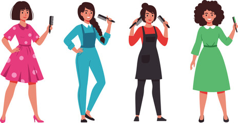 Cartoon women hairdressers, vector illustration, hairstyling tools, fashion outfits, character design, stock image, salon theme, beauty, stylist, diversity, pose