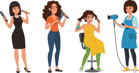 Cartoon women hairstylists, vector illustration, salon activity, hair tools, character design, stock image, beauty theme, styling pose, fashion, diversity