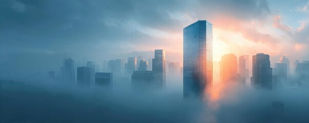Fototapeta premium Impressive urban skyscrapers reaching into the sky concept. A foggy skyline at dawn showcasing modern skyscrapers and light.