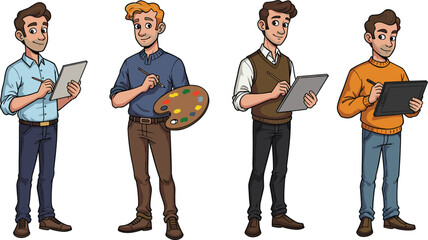 Cartoon, artists, drawing, painting, sketching, digital, tablet, pencil, brush, character, pose, creativity, vector, illustration, design, art, casual, outfit, emotion, activity, tools