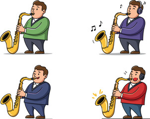 Cartoon man playing saxophone, vector illustration, musical performance, sound burst, headphones, stock image, jazz music, character pose, outfit variation, fun
