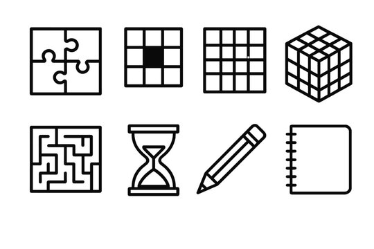 Mind Game Icons. Mind Games Set linear icon set: jigsaw puzzle, crossword, Sudoku grid, Rubik&rsquo;s cube, maze, hourglass, pencil, notebook.